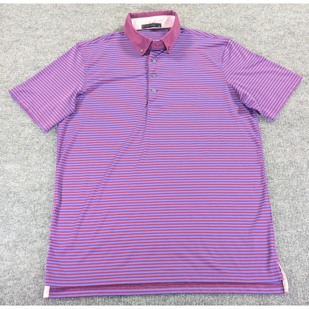 Greyson Mens Purple Striped Performance Golf Polo Shirt Size M Wolf Logo
